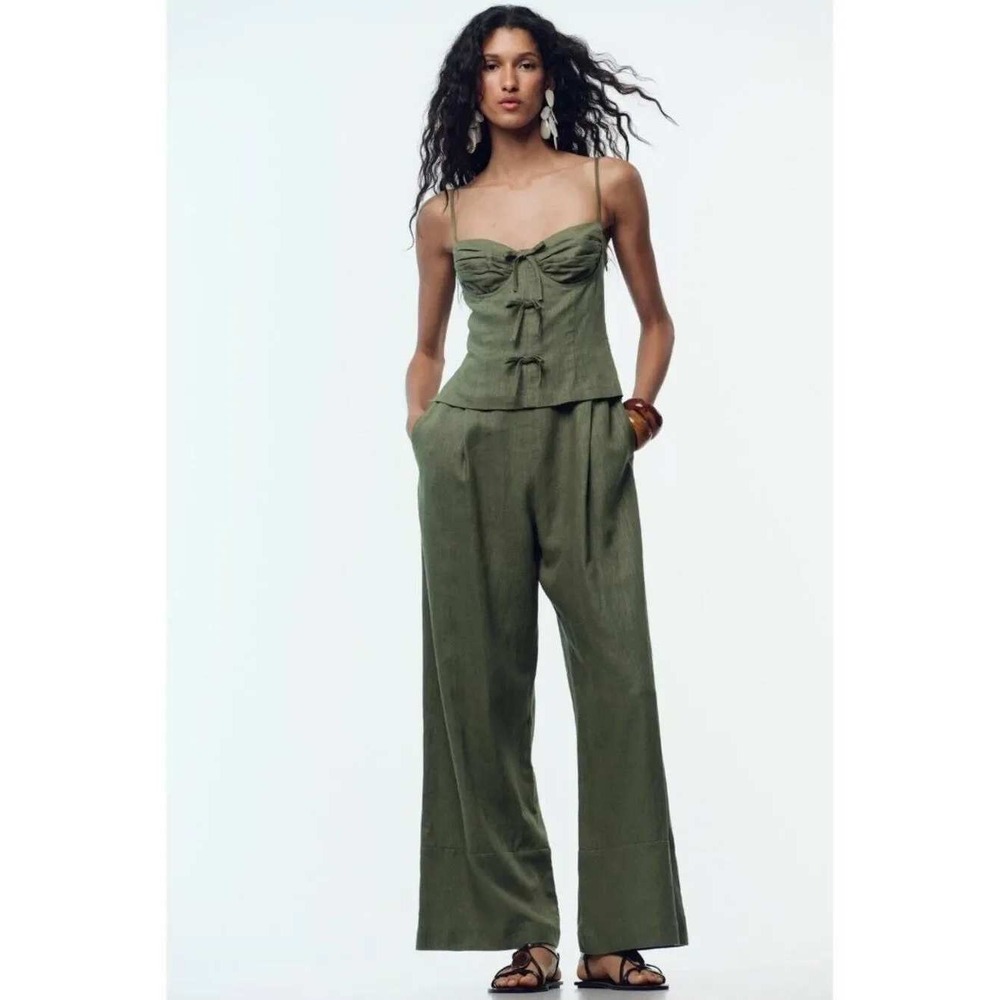 Zara Womens Olive Green Linen Blend Corset Style Jumpsuit Size XS